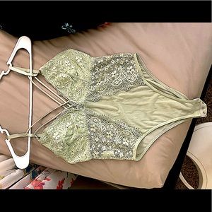 Light Mint Green Floral Laced Mesh Bodysuit 🐍